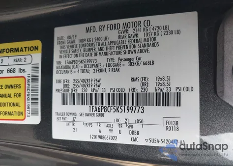 2019 Ford Mustang Gt z USA, uszkodzony, nr VIN 1FA6P8CF5K5199773